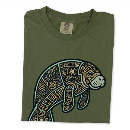 Geometric manatee tribal print t-shirt featuring a stylized ocean animal pattern.