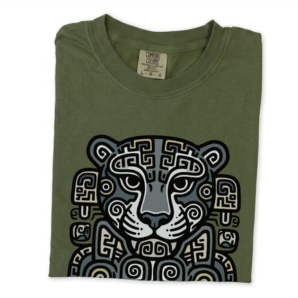 Mayan jaguar tribal art graphic printed on an ancient Mesoamerican style t-shirt.