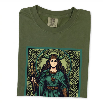Cerridwen Celtic Goddess T-Shirt featuring cauldron and witch mythology art print.
