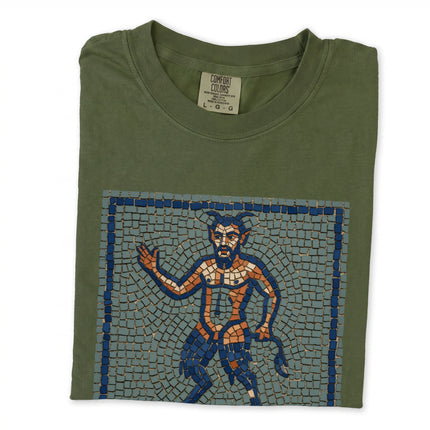 Ancient Greek satyr mosaic design t-shirt featuring mythology art print.