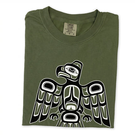 Black Formline raven long sleeve t-shirt with striking red and white Pacific Northwest bird art design.