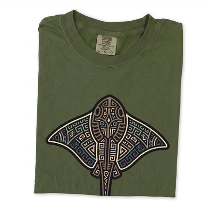 Blue geometric stingray graphic t-shirt featuring Mayan tribal ocean animal print design.