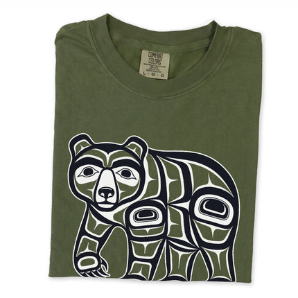 Red and white Formline Bear graphic long sleeve t-shirt featuring wildlife art.