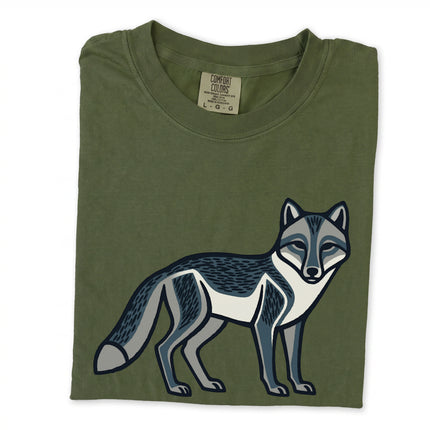 Geometric arctic fox graphic tee shirt featuring inuit inspired wildlife art print.