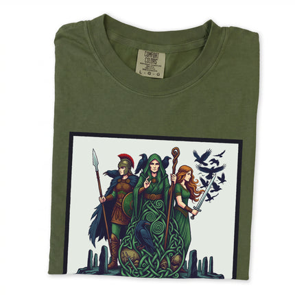 The Morrigan Triple Goddess raven design on a Celtic Irish mythological t-shirt.