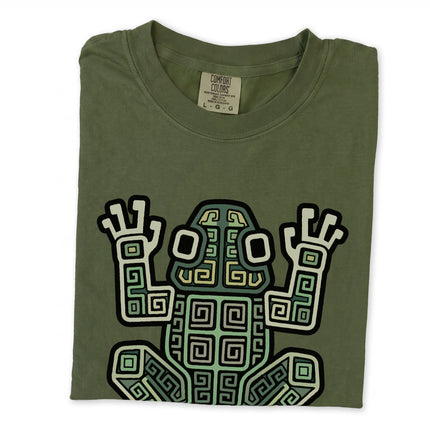 Ancient Mayan frog tribal art tee featuring geometric symbols and ancient cultural designs.