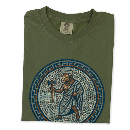 Mosaic Minotaur design on a t-shirt featuring Greek mythology and labyrinth art.