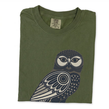 Geometric tribal owl graphic tee shirt with Inuit-inspired bird print design.