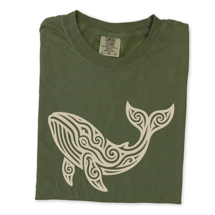 Intricate tribal whale graphic tee featuring detailed ocean art print on a comfort colors shirt.