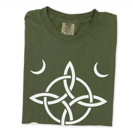 Witch's Knot and crescent moon protective symbol graphic on a black t-shirt.