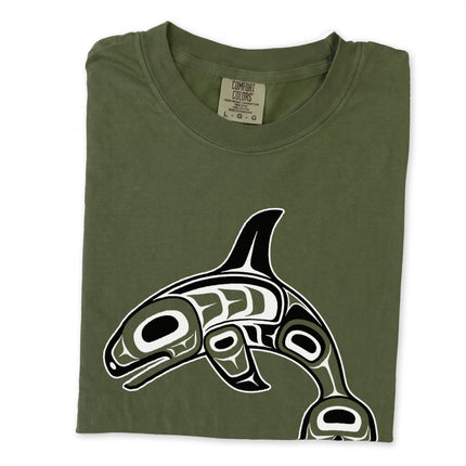 Formline whale long sleeve tee featuring a curved red and white graphic design.