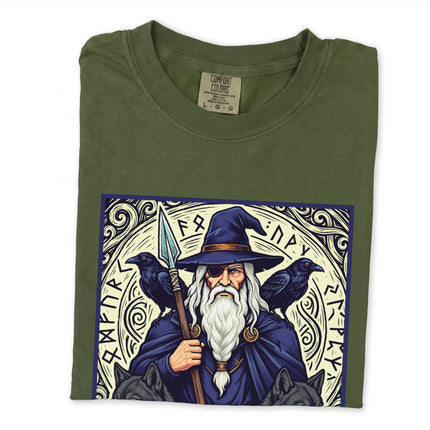 Odin Allfather Norse mythology t-shirt featuring ravens and wolves graphic design.