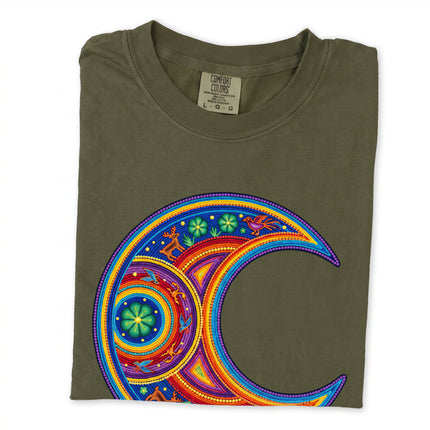 Huichol-inspired t-shirt with a colorful crescent moon graphic, featuring vibrant Mexican art details.
