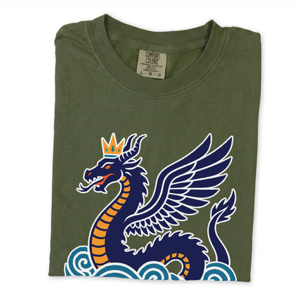 Tiamat sea serpent dragon graphic tee shirt featuring crowned mythology art print.