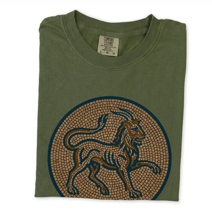 Blue mosaic t-shirt featuring an ancient mythological chimera design of a lion and goat.