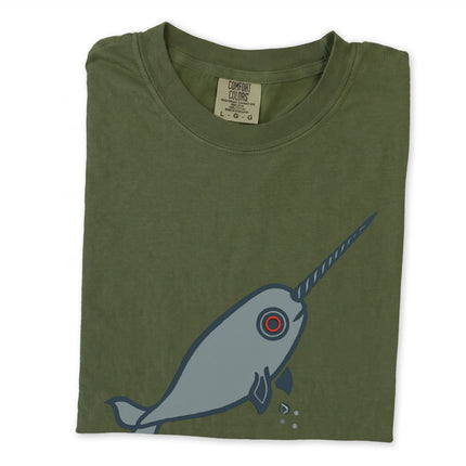 Arctic narwhal graphic tee shirt featuring an Inuit-inspired arctic ocean wildlife print.