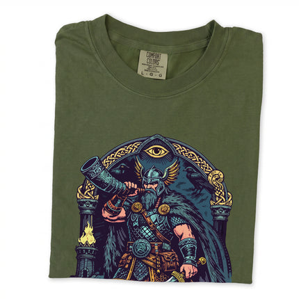 Viking Heimdall Norse god tee with Gjallarhorn mythology graphic print.