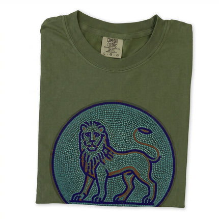 Blue grey mosaic lion graphic t-shirt featuring ancient animal art print on comfort colors fabric.
