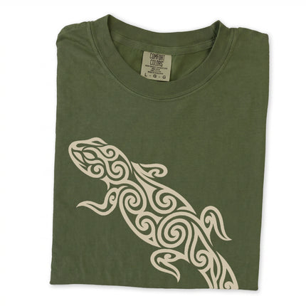 Tribal lizard swirl pattern graphic printed on a unisex t-shirt.