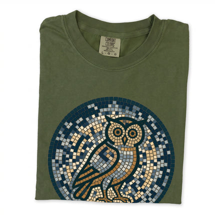 Geometric blue grey owl graphic tee shirt with mosaic pattern and wisdom theme.