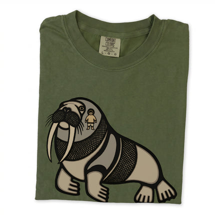 Inuit walrus graphic t-shirt featuring arctic indigenous symbols and tribal art print.
