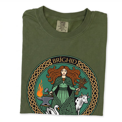 Brighid Celtic Goddess tee featuring Irish mythology symbols: fire, swan, and cow motifs.