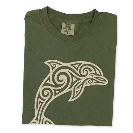Tribal dolphin swirl art graphic print on a comfortable ocean animal tee shirt design.