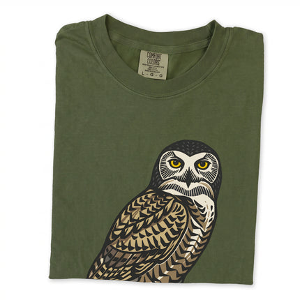 Geometric arctic owl graphic tee shirt featuring an Inuit-inspired geometric pattern on a unisex t-shirt.