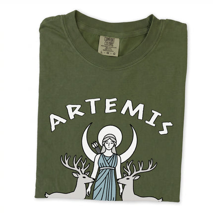 Artemis Goddess of the Wild tee featuring celestial moon and majestic stag graphic art from Greek mythology.