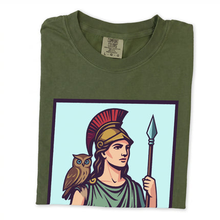 Athena Greek goddess t-shirt featuring mythological owl and spear graphic print on unisex tee.