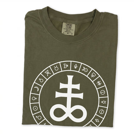 Occult Leviathan cross and alchemical symbol graphic printed on a black t-shirt.