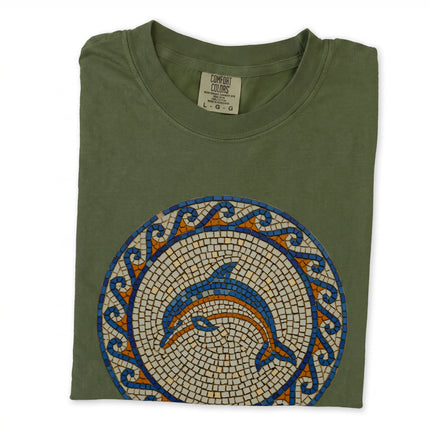 Blue dolphin mosaic t-shirt with marine life and intricate Greek key detailing.