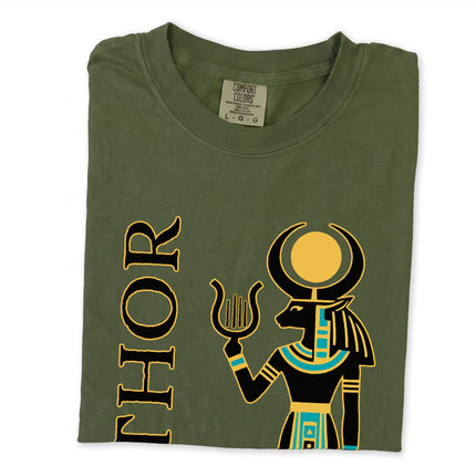 Hathor Egyptian goddess t-shirt design featuring ancient mythology sun disk motif.