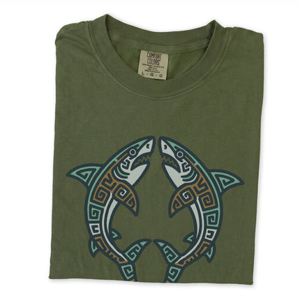 Mayan tribal shark graphic tee shirt featuring geometric ocean life symbols.