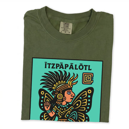 Aztec Izpapalotl butterfly goddess t-shirt featuring mesoamerican mythology art print.