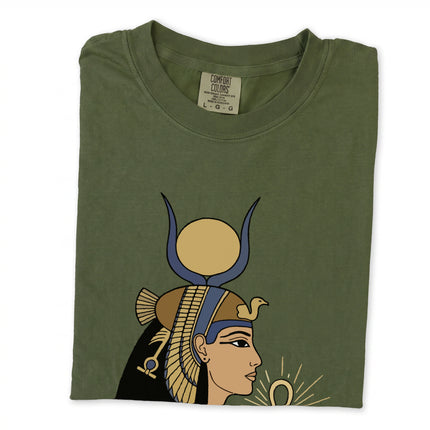 Ancient Egyptian Goddess Isis graphic t-shirt featuring detailed hieroglyphic art print on unisex tee.