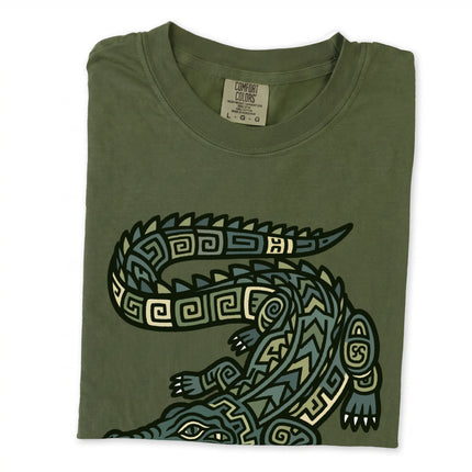 Geometric Mayan crocodile print long sleeve black t-shirt with tribal reptile design.