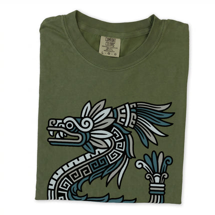 Aztec Quetzalcoatl feathered serpent mythological design t-shirt featuring ancient Mesoamerican art.