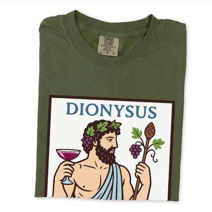 Dionysus Greek god of wine graphic t-shirt featuring mythology art print.