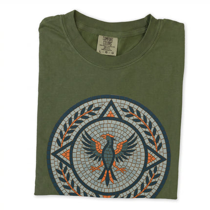 Blue mosaic phoenix graphic tee with Roman mythological bird design print.