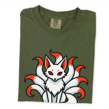 Nine-tailed kitsune spirit t-shirt featuring detailed Japanese mythological fox artwork graphic tee.