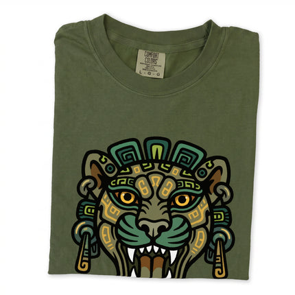 Tribal Mayan jaguar head graphic tee shirt featuring ancient Mesoamerican art print.