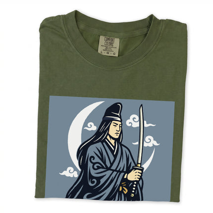 Tsukuyomi Japanese Moon God graphic t-shirt design featuring a sword and crescent moon motif.