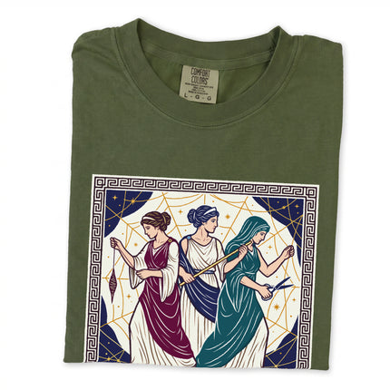 Moirai The Fates Greek mythology t-shirt featuring ancient goddess design art.