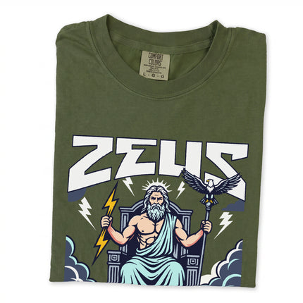 Zeus King of the Gods t-shirt graphic featuring lightning bolts and an eagle from Greek mythology.
