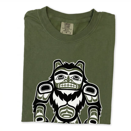 Haida style Sasquatch Bigfoot tee featuring vibrant Pacific Northwest indigenous artwork.