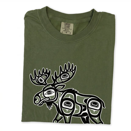 Moose Spirit formline art graphic tee featuring indigenous style artwork print.