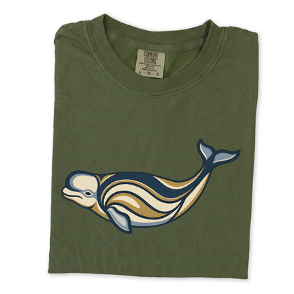 Inuit-inspired beluga whale t-shirt featuring vibrant indigenous marine graphic artwork.