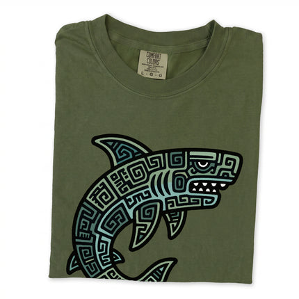 Blue geometric shark t-shirt featuring Mayan tribal art and oceanic motifs on a comfort colors tee.