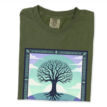 Yggdrasil Tree of Life graphic tee featuring intricate Celtic knot roots and branches design.
